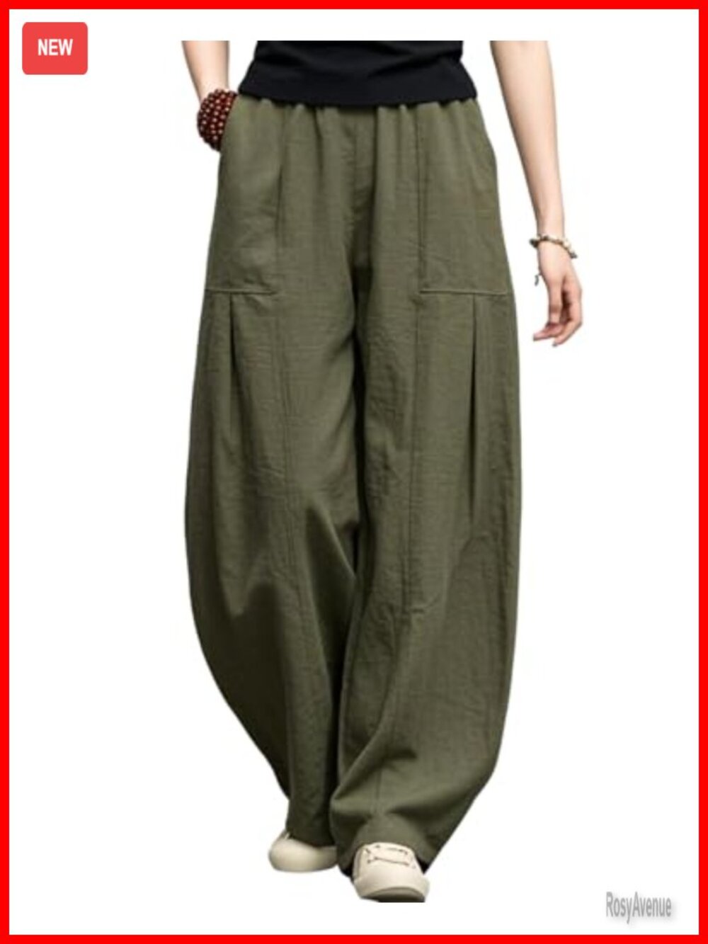 Linen Cotton Wide Leg Palazzo Pants Elastic Waist Lantern Trousers